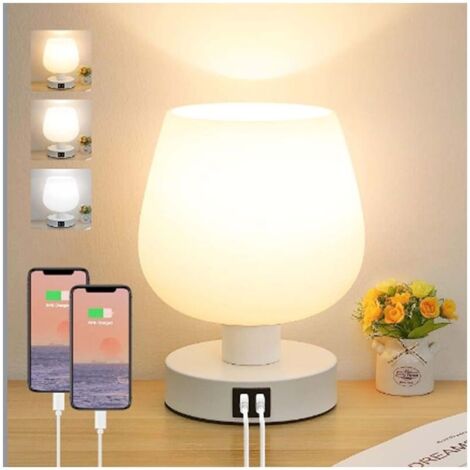 Lampe de Chevet Tactile, Lampe de Bureau avec Ports de Charge USB-A+C, Intensité Variable 3 Voies, Abat-jour en Verre Blanc, Petite Lampe de Table à Cordon pour Chambre Salon D'enfant