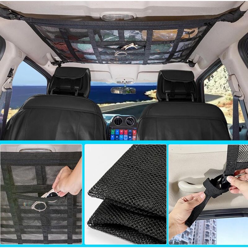 Filet De Rangement Toit Voiture 90x65cm Avec Sangles Et 3 Poches Zippées - Organiseur Camping SUV