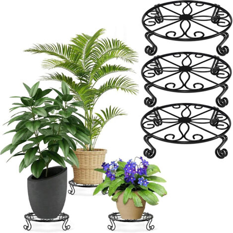 Soporte metálico para plantas, apto para interiores y exteriores, soporte bajo para plantas, soporte para plantas decorativo para el hogar, estante para macetas, color negro (paquete de 3). (1/5)