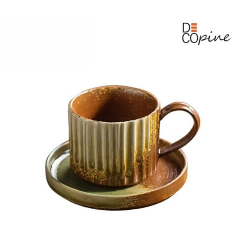 Tasse à café en céramique avec soucoupe – DECOPINE – 250 ml – Rouge brun – Style Wabi-sabi (1/4)