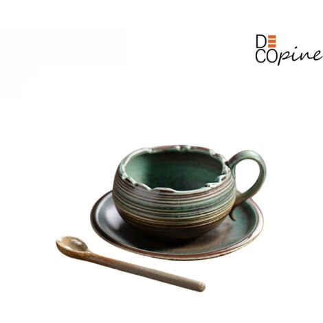 Tasse à café avec soucoupe et cuillère – DECOPINE – Céramique verte – Style wabi-sabi – 145 ml (1/3)