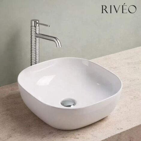 Riveo – Vasque à poser carrée blanche 42,5 × 42,5 cm – Avec bonde chromée incluse (1/2)