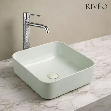 Vasque à poser carré arrondi 36,5 x 36,5 cm vert sauge en céramique mate avec bonde clic-clac assortie incluse - Rivéo (1/4)