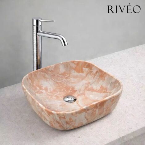 Vasque à poser carré arrondi 42,5 x 42,5 cm effet marbre rose en céramique avec bonde clic-clac chromée incluse (1/5)