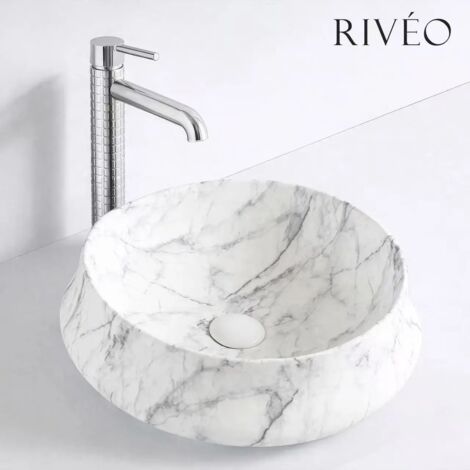 Vasque à poser ronde 45,5 x 45,5 cm effet marbre blanc en céramique avec bonde clic-clac blanche incluse (1/5)