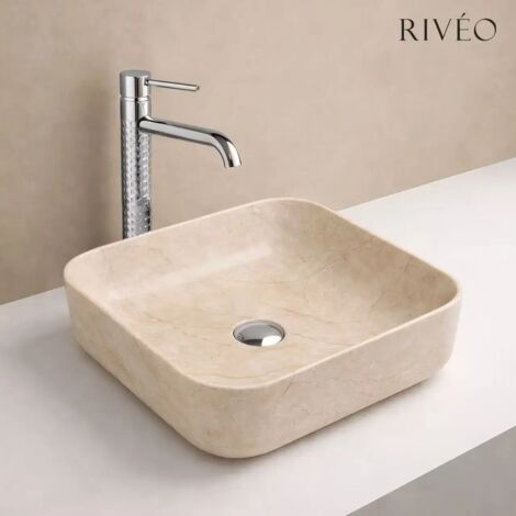 Vasque à poser carrée en céramique beige 39,5 x 39,5 x 14 cm avec bonde clic-clac chromée incluse - RIVÉO