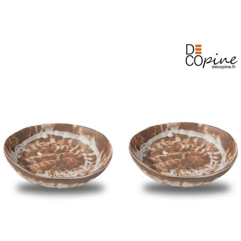 Decopine Lot de 2 assiettes creuses en céramique faites main 18,8 x 17 x 4,3 cm – Finition marron et blanc – env. 500 ml (1/4)