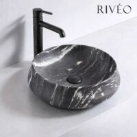 Vasque à poser ronde en céramique noir effet marbre diamètre 45,5 cm hauteur 15,5 cm avec bonde clic-clac noire incluse - RIVÉO
