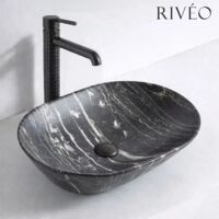 Vasque à poser ovale en céramique noir effet marbre 59 x 42,5 x 14 cm avec bonde clic-clac noire incluse - RIVÉO