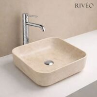 Vasque à poser carrée en céramique beige 39,5 x 39,5 x 14 cm avec bonde clic-clac chromée incluse - RIVÉO