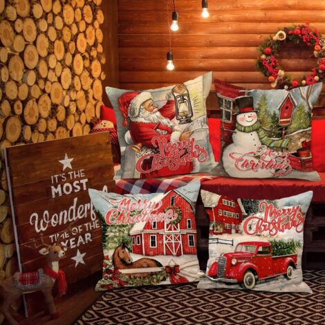 Set 4 Federe Cuscino Natalizie Con Pupazzo Di Neve E Babbo Natale – Rosa, 100% Poliestere, Cerniera Invisibile, 50x50cm