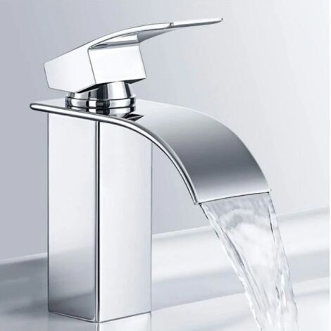 Grifo mezclador de lavabo en cascada, grifo de baño de acero inoxidable, grifo de lavabo cromado, diseño elegante (1/5)