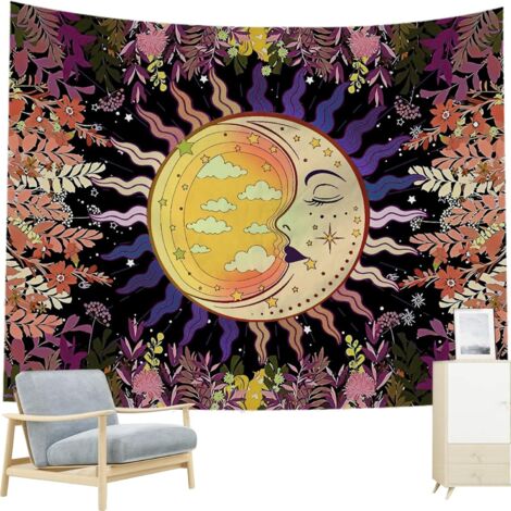 Tapiz de pared CSPARKV, tapiz de luna, sol, flor, negro, decoración de pared, tapiz psicodélico, estético, bohemio, para dormitorio, fiesta (150 x 130 cm)