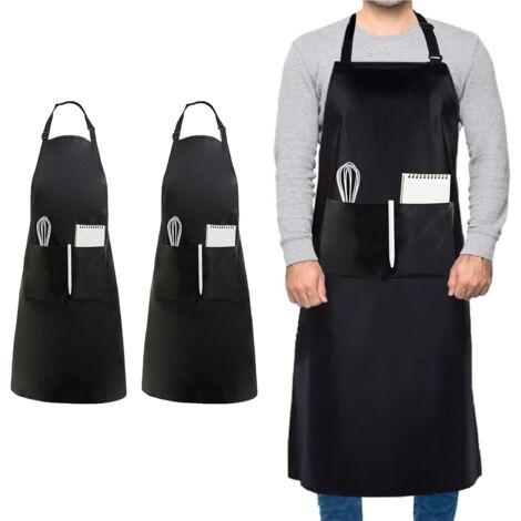 CSPARKV 2 piezas de delantal de chef de talla grande, delantal negro unisex, delantal impermeable con 2 bolsillos para cocinar, barbacoa, trabajo, delantal profesional para camarero, artista, peluquer (1/4)