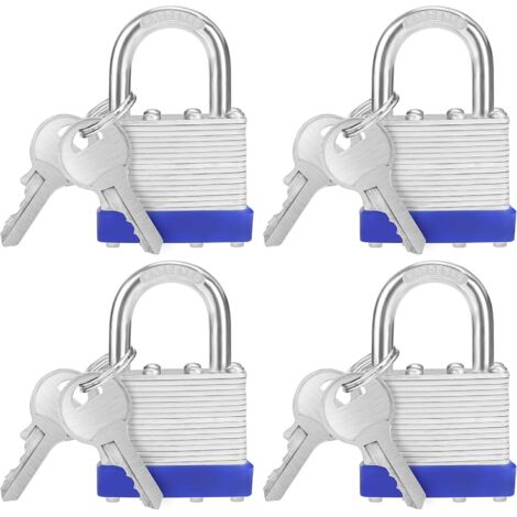 Cadenas Clé en Acier Laminé Robuste avec 2 Clés (Lot de 4) - Anse de 6 mm - 6,4 x 4,2 x 2,4 cm - Cadenas Exterieur/Intérieur Résistant aux Intempéries pour Garages et Casiers (1/5)