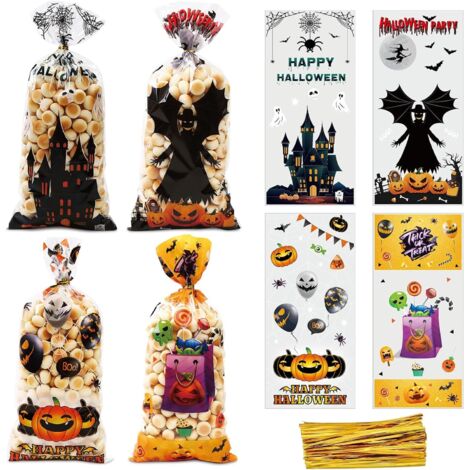 Sachet Bonbon Halloween, 100PCS Sacs de Bonbons d'Halloween Sacs de Friandises, Sacs en Cellophane Halloween pour Enfants, 8 Style Sac Halloween Sac Bonbon Halloween, avec 120pcs Cravates Torsadées