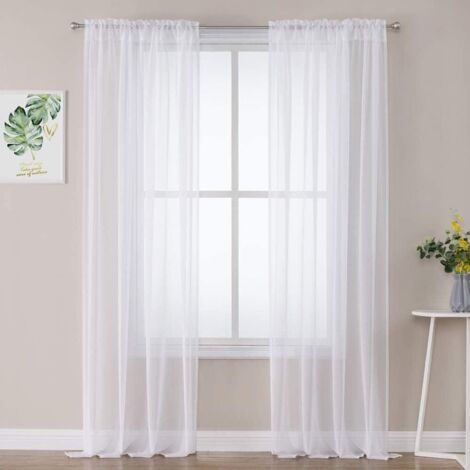 2 Panneaux Rideaux Voilages Tissu Polyester Doux Semi-Transparent Couleur Pure Voilage de Fenêtre Lisse Élégant Chaleureux pour Salon Tige de Poche 140x180cm Blanc