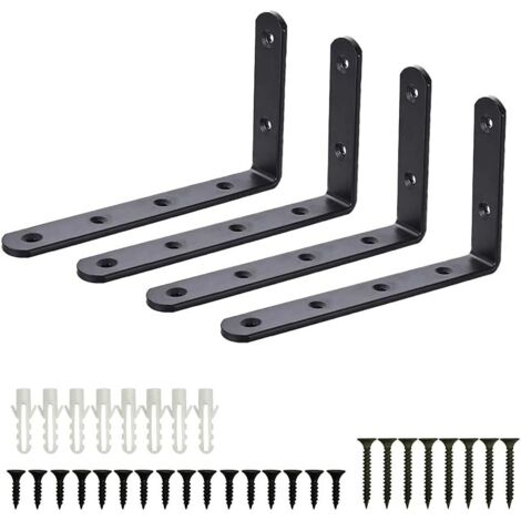 Équerres de Fixation, 4pcs Supports Angulaires Équerre Support Garage Mural en Acier Inoxydable Étagère, Equerre Murale Noir en Forme de L, DIY Industriel pour Meubles Décoration Connexion avec Vis