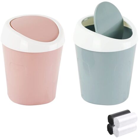 2PCS Petite Poubelle Mini Bureau Poubelle, QLFJ-FurDec Mini Poubelle en Plastique de Table avec Couvercle Pivotant et 4 Rouleaux de sacs Poubelles pour Bureau, Bain, Cuisine(Bleu, Rose)