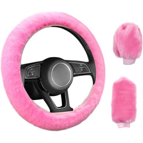 3 Pièces Couverture de Volant de Voiture Anti-Dérapant Élastique Housse de Volant Universelle de Voiture en Peluche Rose avec Housse Frein à Main et Boîte Vitesses (38cm)