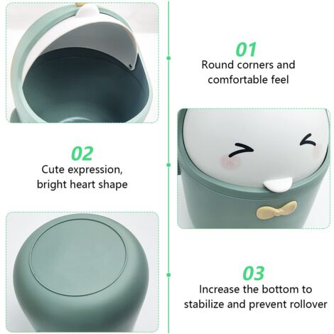 Rubessia Mini Poubelle De Bureau Avec Couvercle - Style Dessin Animé Mignon 19x12cm (Vert) - Portable Pour Table