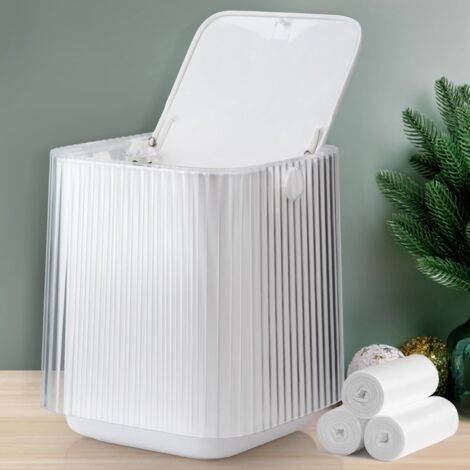 Poubelle de bureau avec couvercle à bouton, petite poubelle pour salle de bain, chambre à coucher, bureau et voiture 14,2 × 17 cm (blanc)