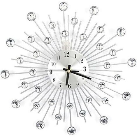 Horloge murale moderne en cristal 3D, 30 cm en métal argenté avec miroir étincelant et strass - Décoration murale ronde - Aiguille numérique en métal - Pour pendaison de crémaillère, salon (1/5)