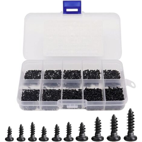 1000 Pcs mini vis à bois cruciformes auto-taraudeuses à tête ronde Mini vis M1 M1.2 M1.4 M1.7 Vis à Bois Cruciformes Assortiment Micro vis de haute Précision avec Boîte de Plastique-Noir (1/5)