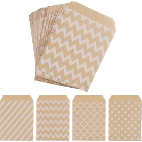 Paquet de 100 Sacs de Bonbons en Papier Kraft, Bonbons Cookie Faveur Snacks Buffet Épicerie Emballages, 4 Style Différent Pas De Cire Sacs Doux Articles De Fête 13 x 18 CM