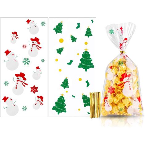 100pcs Noël Sacs à Biscuits Bonbons Clair Auto-Adhésif Père Noël Sacs à Cadeaux de Rescellable pour La Fête d'Noël