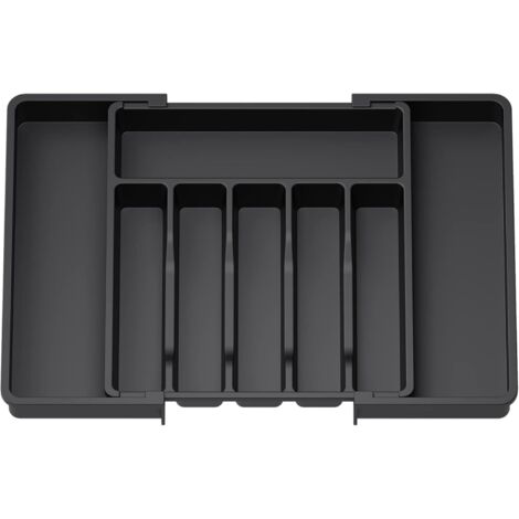 Range Couverts, Plateau d'Ustensiles Extensible pour Tiroir, Organisateur de Tiroir Réglable pour la Cuisine, Rangement Compact en Plastique pour contenir des Cuillères, Fourchettes, Noir (1/5)