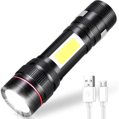 Lampe Torche LED Rechargeable, 800LM Lampe de Poche 3 Modes & Zoomable, Lampe Tactique COB Portable pour Enfant Cadeau/Camping/Randonnée/Urgence/Atelier/Coupure de Couran (1 PC) [Classe énergétique A+ (1/5)