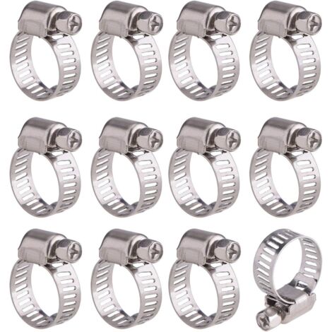 12 Pièces Collier de Serrage Tuyau Ajustable en Acier Inoxydable Tuyau Pinces Clips Fixation (9-16 mm)