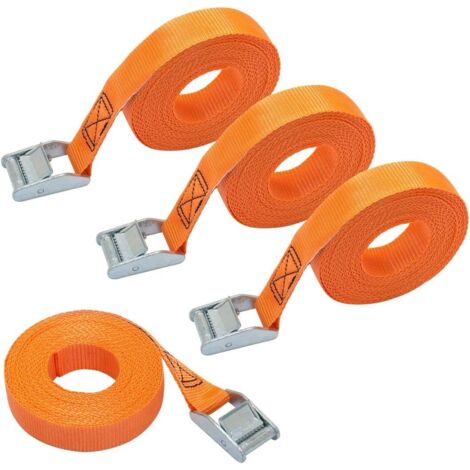 Lot de 4 sangles d’arrimage, longueur 6 m, largueur 25 mm, capacité d’arrimage 150 kg, conforme à la norme DIN EN 12195-2 - Orange (1/5)