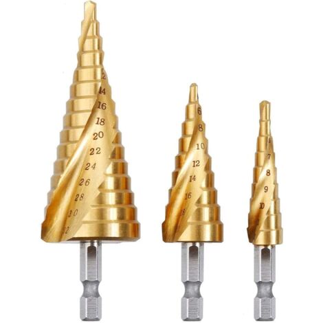 3PCS Foret Fraise Meche Etage, HSS Inox Metal, 4-12/20/32mm, Triangle Conique Titane, avec Tige Hexagone, Pour Visseuse Percage sur Acier, Laiton, Bois, Plastique