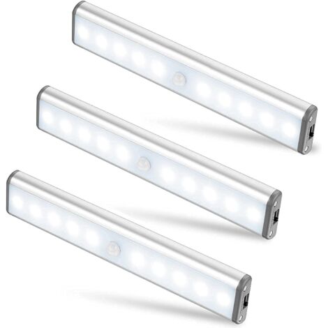 Lot de 3 Lampes 10 LED, Sans Fil, Rechargeable par USB, Aimanté, Détecteur de Mouvement, 2 Modes d’Éclairage, Portable. Lumière de Placard, Baladeuse de Secours, Veilleuse Enfant, Appoint … [Classe én