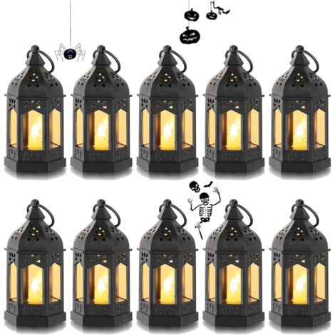 Mini Lanterne LED Exterieur - Lot de 10 Lanterne Bougie Noir Decorative Bougeoir pour Halloween, Ramadan, Mariage, Noel, Decoration de Table, Piles Incluses