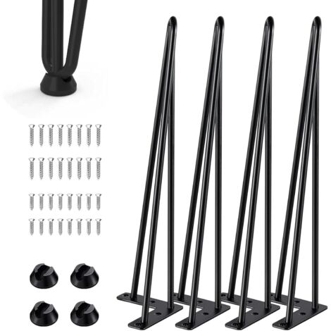 Lot de 4 pieds de table en épingle à cheveux - 3 barres - Pieds de meubles en métal avec protection de sol - Hauteur : 40 cm - Pour tables basses, tables basses, bureaux, tables à manger