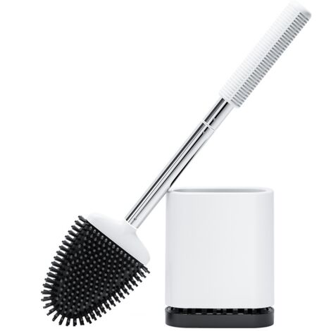 Brosse WC Silicone, Brosse de Toilette Silicone et Support, Balayette WC Suspendu à Séchage Rapide avec Manche en Acier Inoxydable, Balai Toilette Salle de Bain, Autoportant/Mural, Blanc