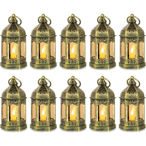 Mini Lanterne LED Exterieur - Lot de 10 Lanterne Bougie doré Decorative Bougeoir pour Halloween, Mariage, Noel, Decoration de Table, Piles Incluses