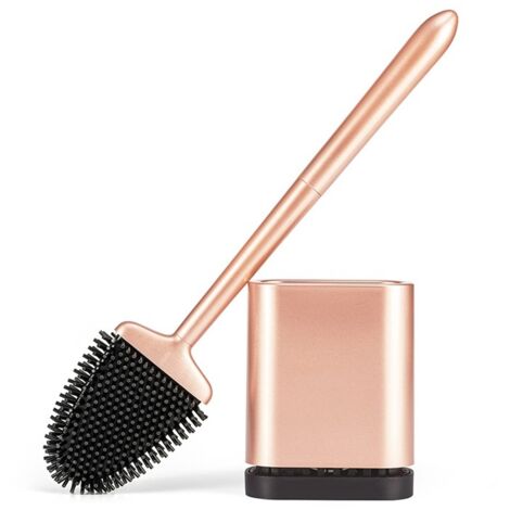 Brosse WC Silicone, Brosse de Toilette Silicone et Support, Balayette WC Suspendu Plate à Séchage Rapide avec Manche Long, Balai Toilette Salle de Bain, Autoportant/Mural, Or Rose Mat