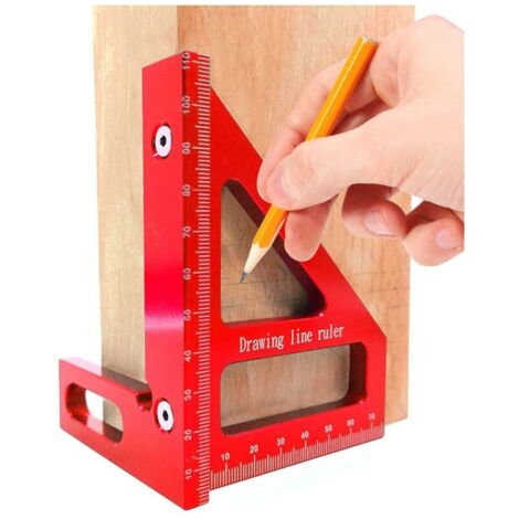 Equerre Menuisier-Jauge carrée en alliage d'aluminium - Angle de 45/90 degrés - Règle en T 3D - Outil de mesure pour le travail du bois - Pour charpentier (rouge)