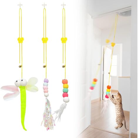 Jouet Chat Interactif 3 Pièces Réglableauto Adhésif Jouet Chat Jeux Chat Appartement Canne a Peche Chat avec Cloche Jouet Chat Plume Cadeau pour Chat (1/5)