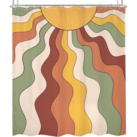 Rideau de Douche en Tissu imperméable avec 12 Crochets, décoration Groovy Vintage des années 70 avec Motifs Abstraits de Vagues, Soleil et Arc-en-Ciel, Funky, Moderne, coloré, 150 x 180cm (1/4)