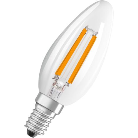 Lampes LED haute efficacité avec classe énergétique A, pack avantage de 3 lampes, remplace les ampoules 40W classiques, forme de bougie, blanc chaud (2700K), E14, verre filament