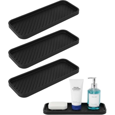 3 Pcs Plateaux de Rangement en Porte Eponge Evier, Porte éponge Silicone Noir, Plateaux d'évier en Silicone, Tapis de Drainage Antidérapants pour Distributeur de Savon Salle de Bain Accessoires
