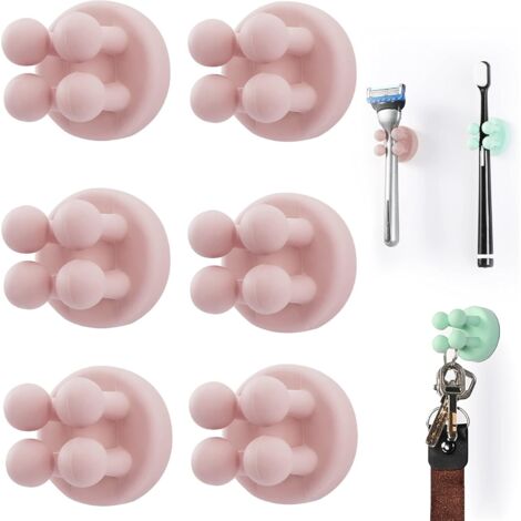 Lot de 6 Supports de Brosse à Dents en Silicone Multifonction pour Rasoir - Étanche - Auto-adhésif Mural - pour Mur ou Verre - pour Suspendre Salle de Bain, Cuisine, Salon, Bureau (Rose)