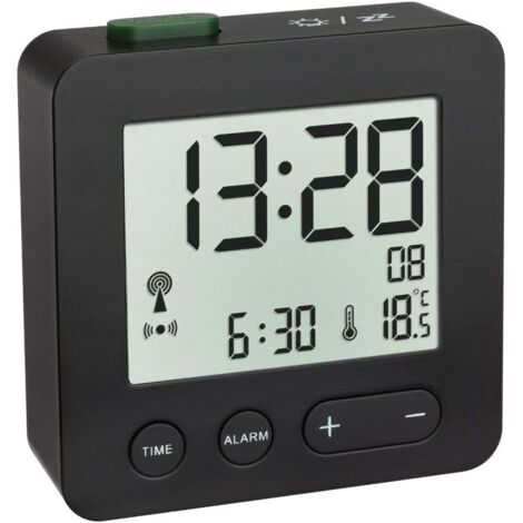 Réveil numérique,  avec Horloge Radio-pilotée, fuseaux horaires réglables, réveil température et écran Lumineux, Noir