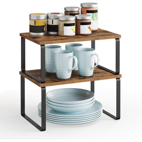Étagère à Épices, Lot de 2, Organisateur de Placard, Étagère de Rangement de Cuisine Extensible, Porte-épices Empilable, en Métal et Bois d’Ingénierie, Noir et Marron Rustique
