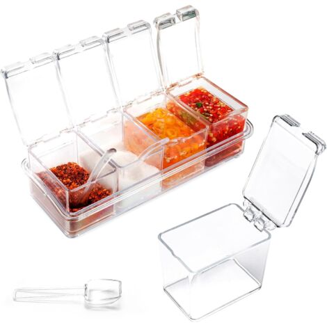 Lot de 4 boîtes d'assaisonnement transparentes, pots à épices en plastique avec couvercles et cuillère, pot à épices pour sel, sucre, thé, herbes, café